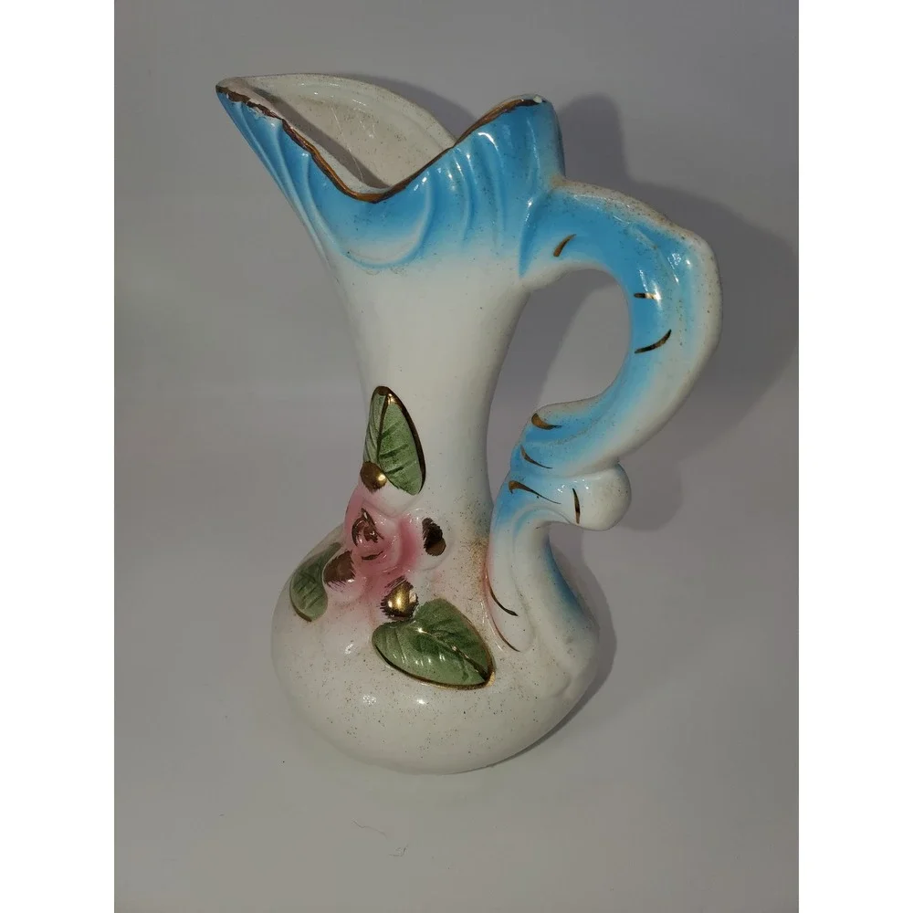 Vintage Blue White Ceramic Miniature Pitcher and Rose Footed Bowl Set